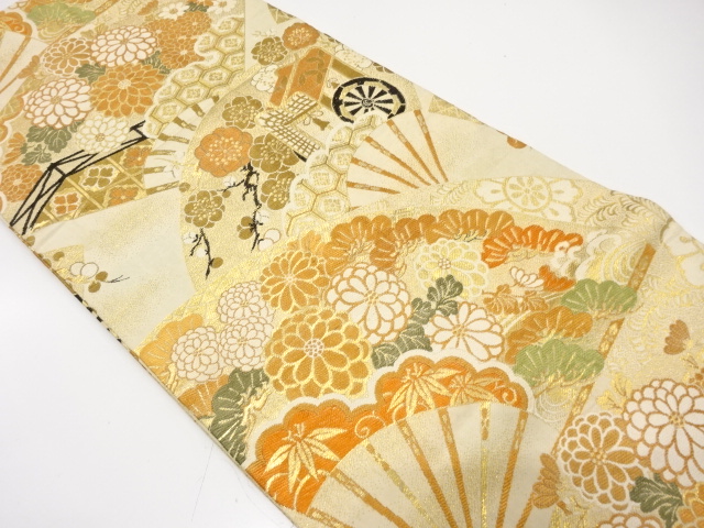 JAPANESE KIMONO / ANTIQUE MARU OBI / WOVEN CARRIAGE WITH KIKU & UME